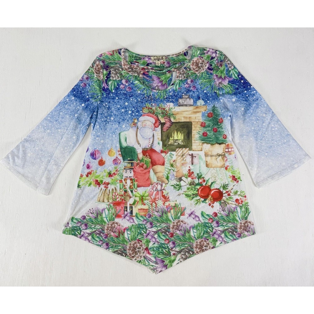 One World Christmas Shirt Top Women's S Santa Clause V Hem Holiday Bling